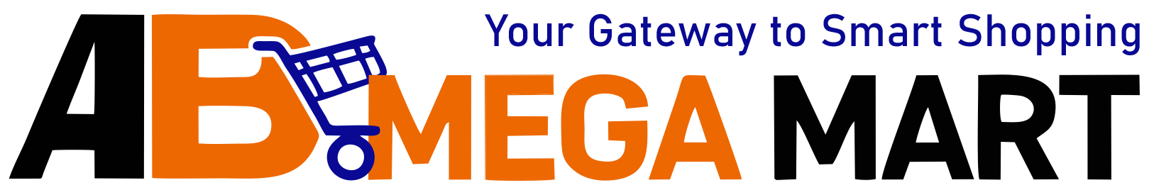 AB Mega Mart logo with shopping cart icon in orange and black colors, representing a modern online shopping marketplace.